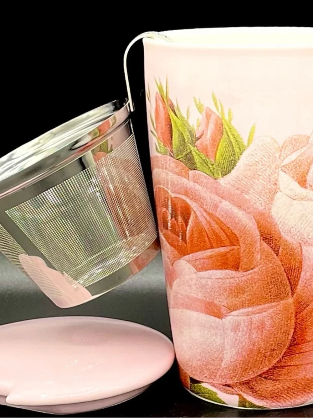 Tea Forté KATI Jardin Pink Roses Steeping Tea Cup Mug w/ Lid 12 oz
